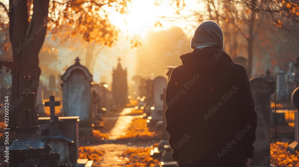 A lone individual standing amidst tombstones as the sun sets A lone individual standing amidst tombstones as the sun sets