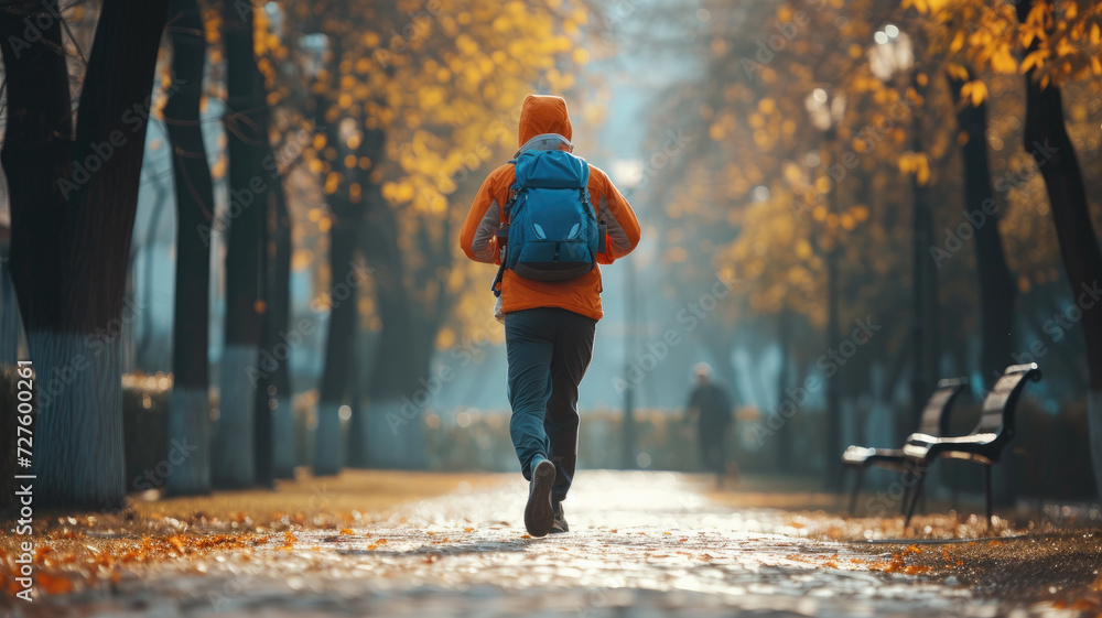 Male runner jogging on a leaf-covered path in autumn Male runner jogging on a leaf-covered path in autumn