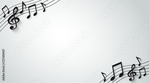 Music notes melody background. Black notes symbols on white background. light and shadow. Vector.
