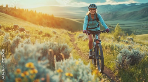 Woman cycling in the trail of mountain landscape