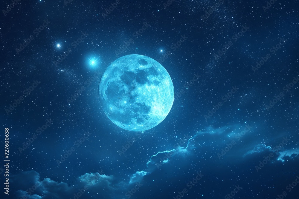 Obraz premium Blue moon in space with nebula and stars. Generative AI