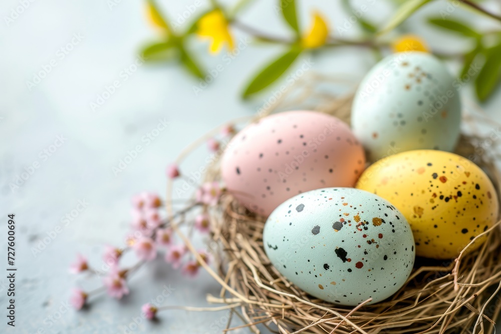 easter background with colorful eggs in light warm colors