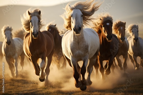 : A group of wild horses galloping across an open field, their manes flowing in the wind.