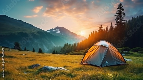 Outdoor camping photo tent in the middle of nature beautiful landscape ai generated image © MdAwlad