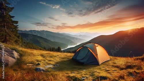 Outdoor camping photo tent in the middle of nature beautiful landscape ai generated image