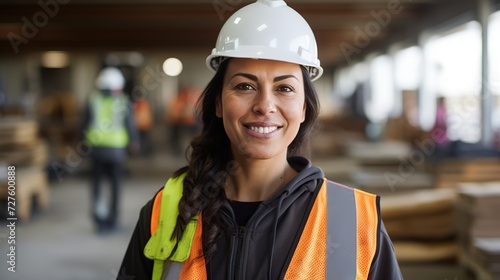 portrait_of_smiling_female_engineer_on_site_wearing her safety jacket ai generated image