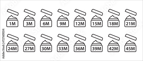 Period after opening icon set. Period after opened symbols expiration date packaging symbols. Vector stock illustration. Cosmetic PAO sign. Cosmetic cream expiration after open month periodic.