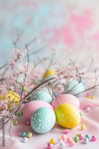 easter background with colorful eggs in light warm colors