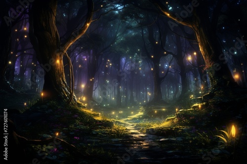 : A group of fireflies creating a magical display of lights in the darkness of a summer night in a dense forest.