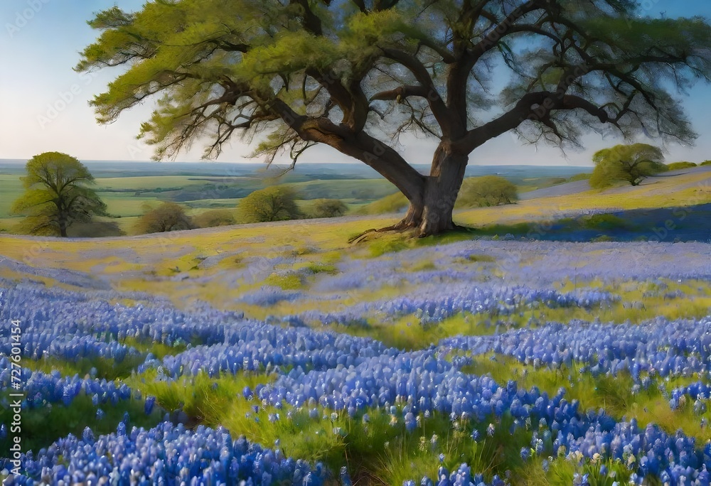 A moorland covered in a blanket of bluebonnet flowers, where the vibrant blue hues extend as far as the eye can see, creating a stunning springtime spectacle.
