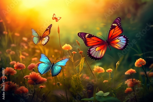 : A group of colorful butterflies dancing around a field of wildflowers under the warm glow of the afternoon sun. © khan