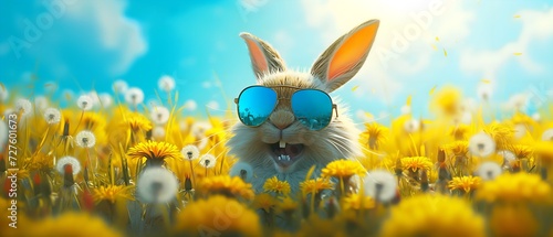 easter rabbit with reflective sunglasses super cute and funny laughing sits in a yellow dandelion field, easter background banner for marketing, sales and social media illustration.