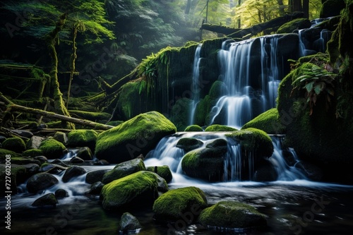   A gentle waterfall surrounded by vibrant moss-covered rocks in a secluded forest.