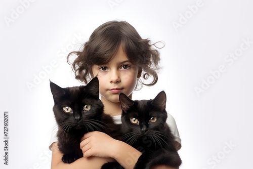 Adorable siamese kittens with black haired girl, playful pet companions, cute feline friends, beautiful siamese cats, lovely kitty duo, youth, young girl, white background, generative AI, JPG