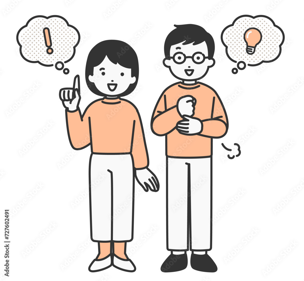 発見、疑問が解決したポーズの若い男女人物イラスト素材