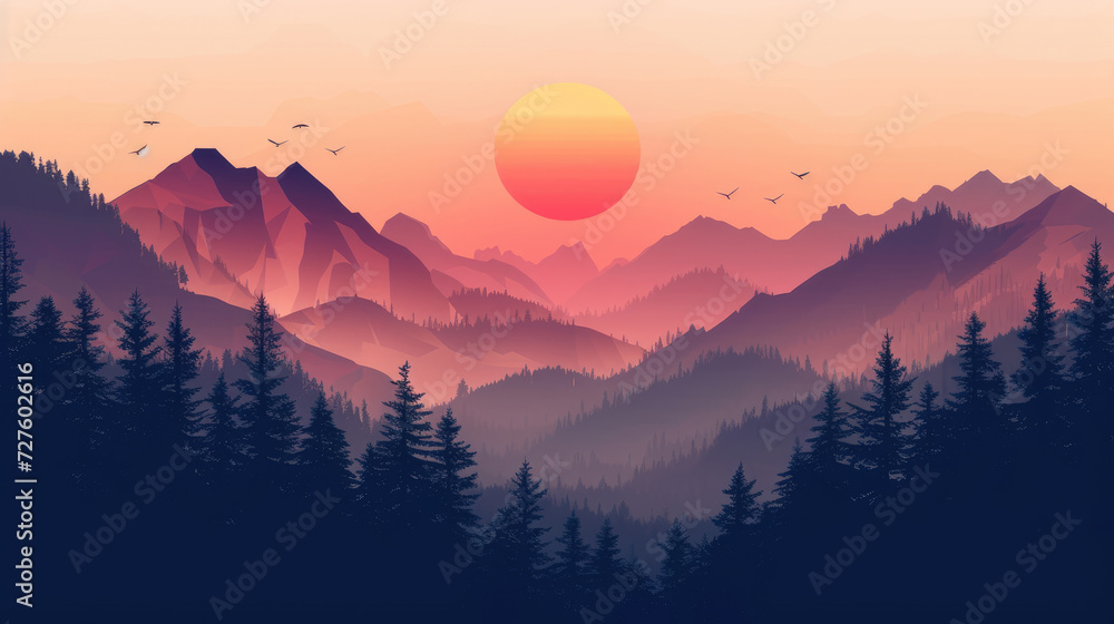 Illustration of sunset over peaceful mountains with pine tree silhouettes in modern monochrome style