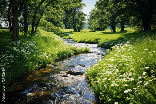 : A gentle stream winding through a peaceful meadow, surrounded by wildflowers.