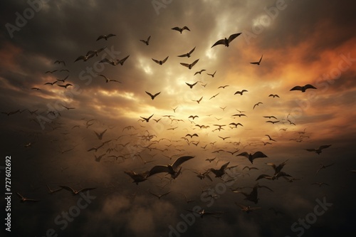 : A flock of migratory birds soaring across a cloud-streaked sky during their annual journey across continents.