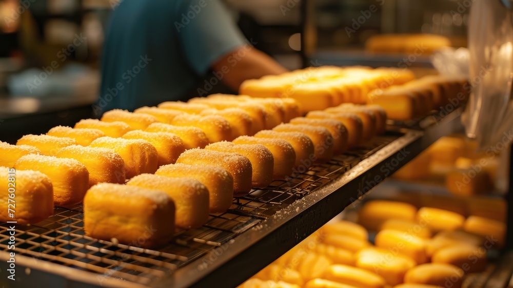 Rows of yellow sponge cakes cooling on a wire rack in a bakery