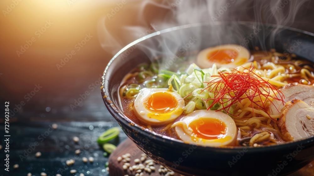 Hot ramen bowl with egg and pork on wooden table