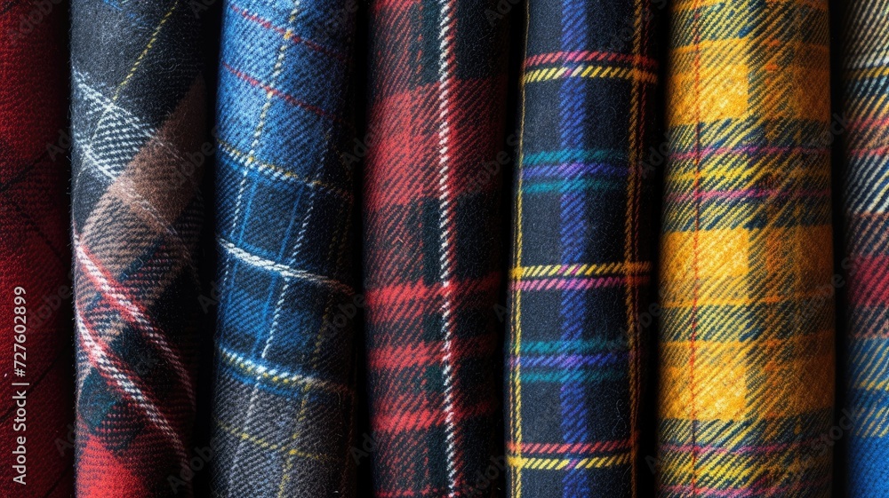 Vibrant tartan wool fabrics hanging, showcasing patterns and textures Vibrant tartan wool fabrics hanging, showcasing patterns and textures