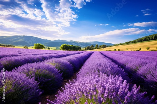   A field of lavender in full bloom  releasing a calming fragrance into the air.