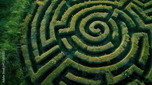 Top-down shot of a large, complex green hedge maze