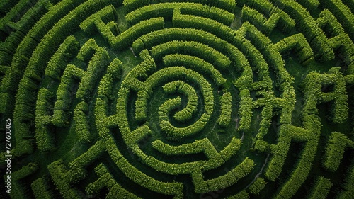 Aerial view of an intricate green hedge maze photo