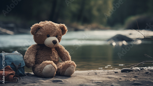 Lonely Atmosphere with Tiny Teddy Bear in Frame. Generative AI.