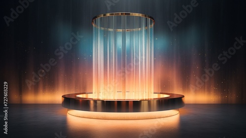 A circular podium of burnished gold sits beneath a glowing chandelier. The radiant polygons on the backdrop shift colors, evoking a Northern Lights phenomenon. © Abdul