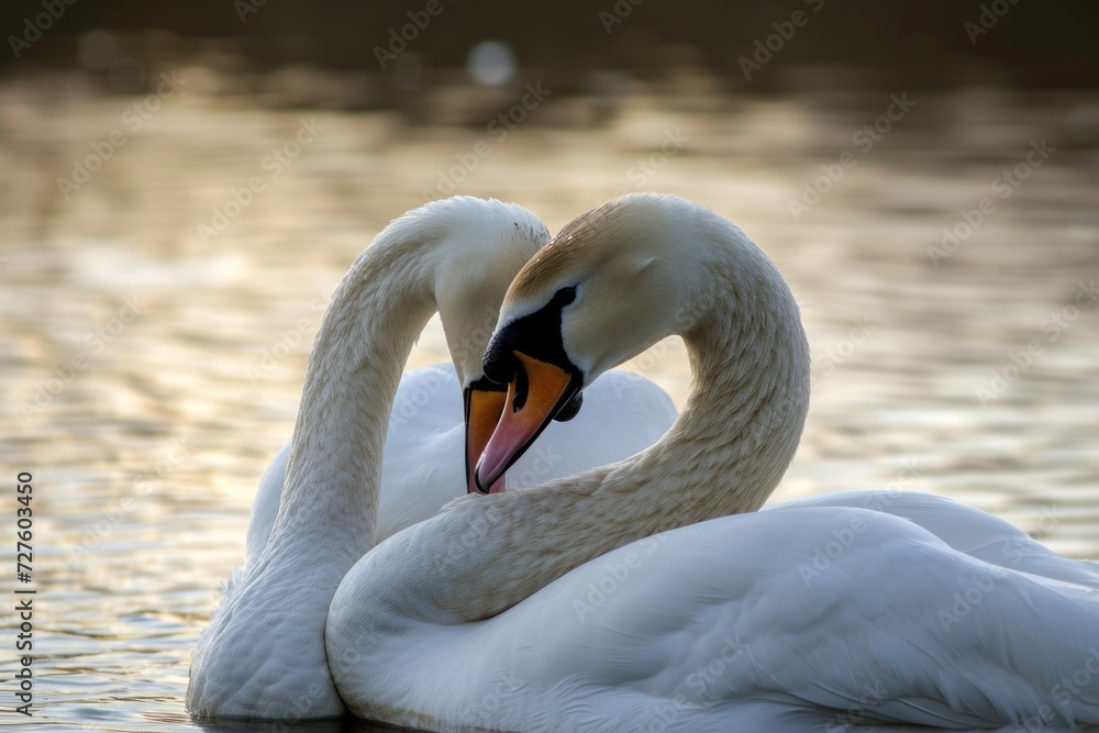 Fototapeta premium Serene embrace: two swans in love, a graceful display of adoration and unity in the swanst's affectionate bond, a symbol of tranquility and everlasting companionship in the natural world.