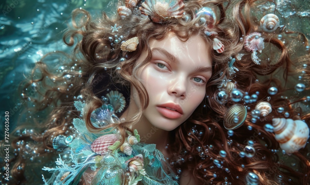 A beautiful mermaid with long hair and shells. Generative AI.