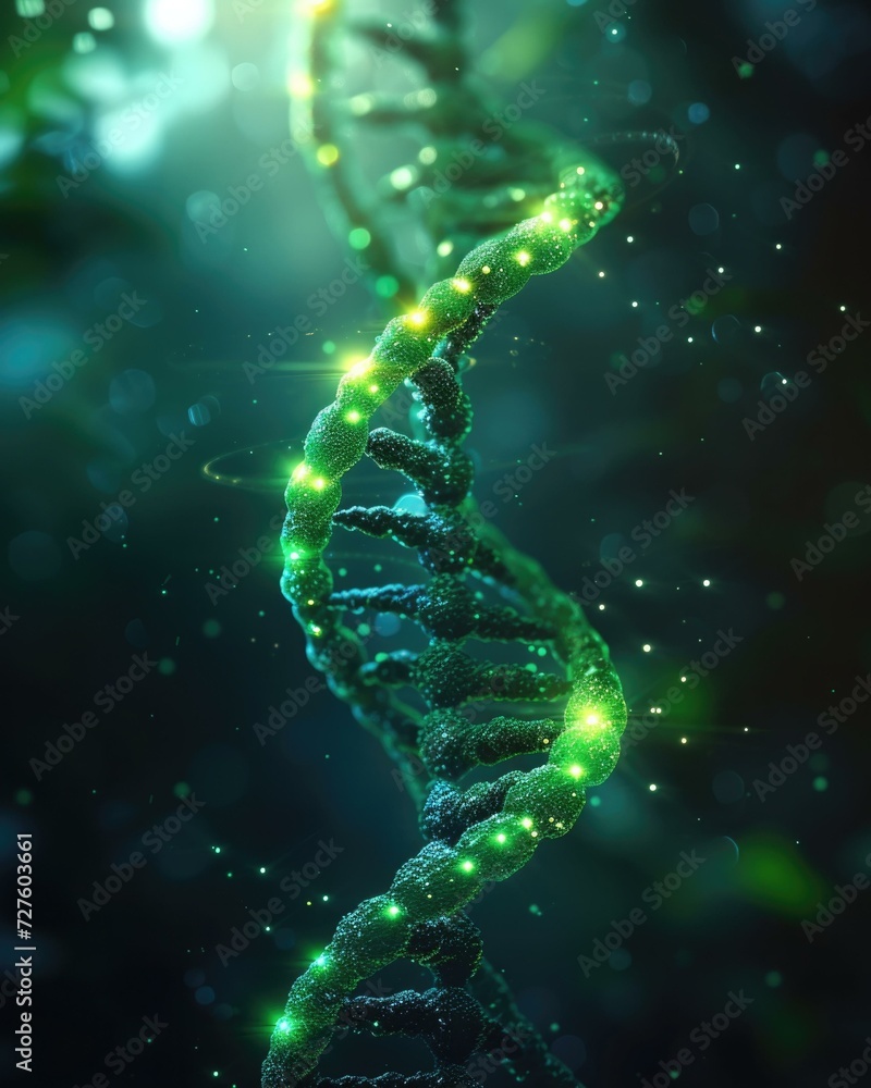 A glowing green DNA strand in a dark background, representing the mysteries of life. Generative AI. A glowing green DNA strand in a dark background, representing the mysteries of life. Generative AI.