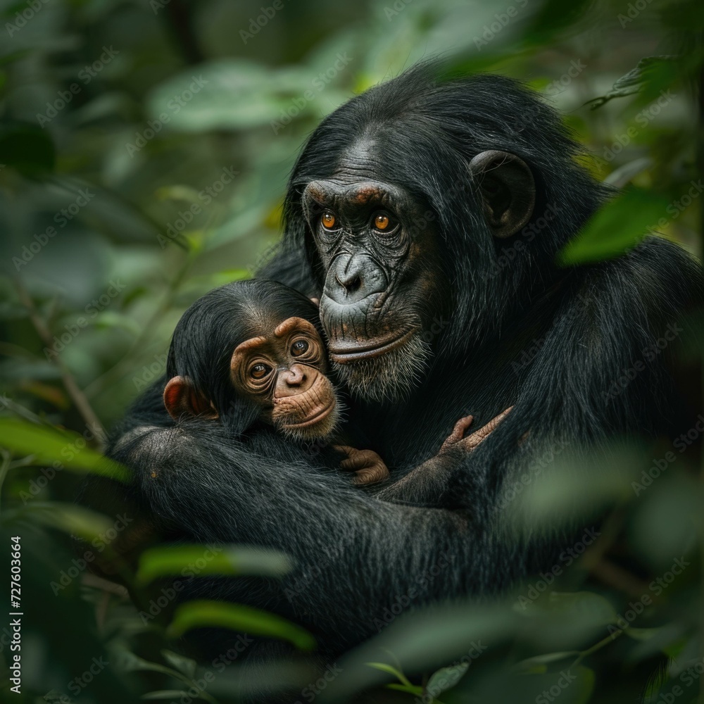 A heartwarming moment of maternal bonding between a chimpanzee mother and her baby in the forest. Generative AI. A heartwarming moment of maternal bonding between a chimpanzee mother and her baby in the forest. Generative AI.