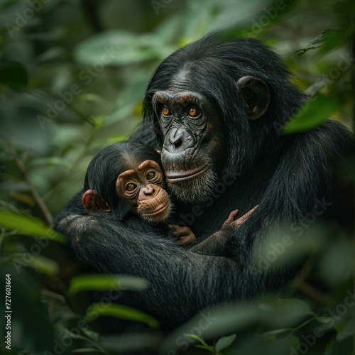 A heartwarming moment of maternal bonding between a chimpanzee mother and her baby in the forest. Generative AI.