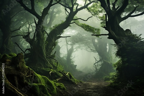 : A dense mist rolling through a mystical forest, shrouding ancient trees and creating an enchanting and ethereal atmosphere.