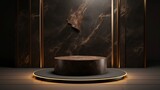 A cylindrical black granite podium, sleek yet imposing, garners attention. The brown backdrop materializes as a fluid abstract mural, imbued with golden accents, which emanate a gentle sheen.