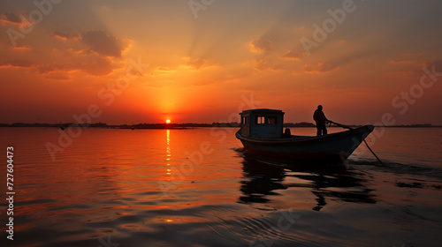 Sunset Serenity. Fishermen in Graphic Harmony with Nature. Generative AI. © Yerjung