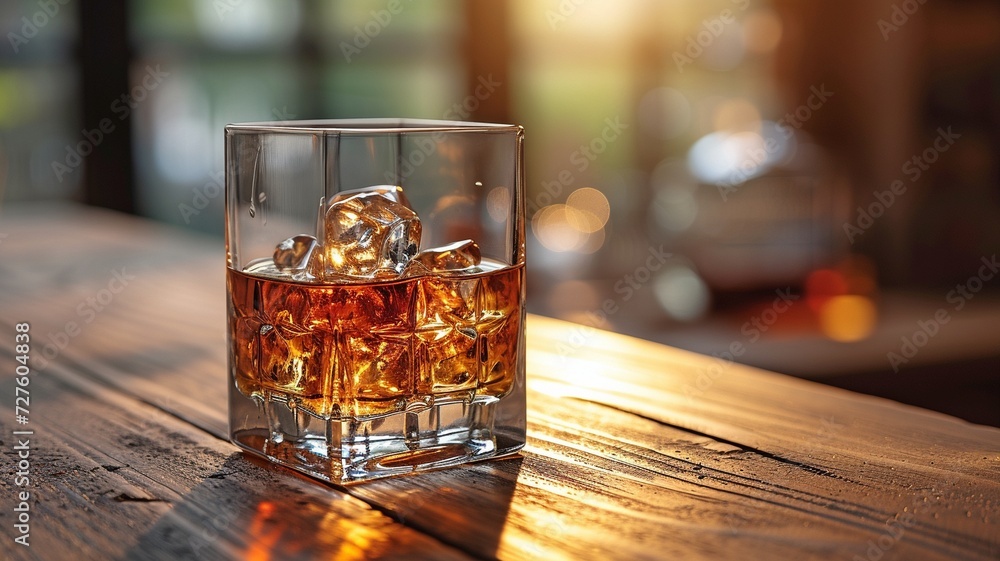 A rough, old wooden table in direct sunlight with a bottle of whisky, a glass, and ice. A rough, old wooden table in direct sunlight with a bottle of whisky, a glass, and ice.