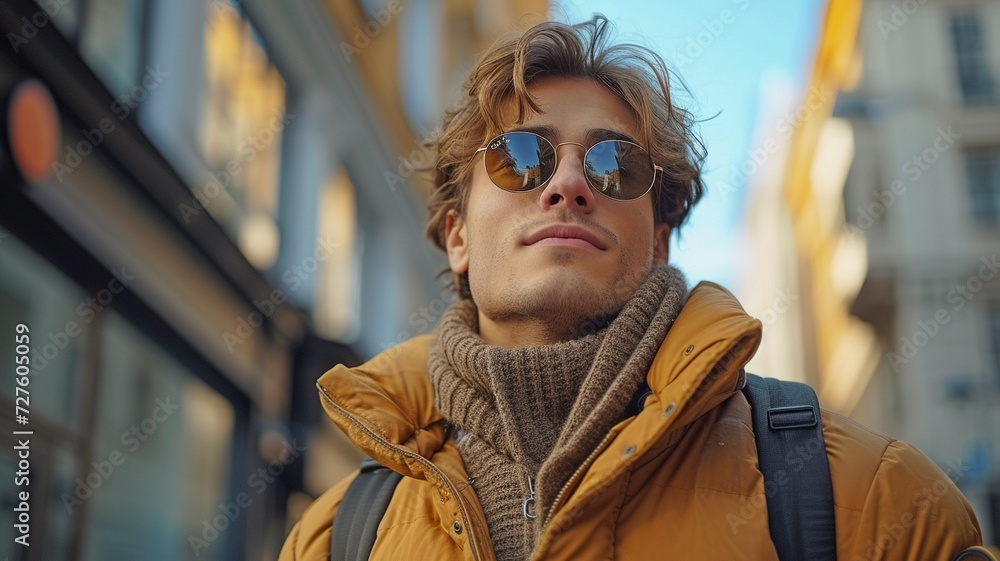 Self-assured, fashionable young man in sunglasses on a busy city street surrounded by modern structures Self-assured, fashionable young man in sunglasses on a busy city street surrounded by modern structures