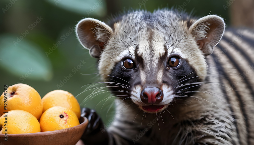 Fototapeta premium Civet cat coffee (Cat Luwak) eats ripe robusta coffee berries. Portrait of nocturnal animals Small-toothed palm civet ( Arctogalidia trivirgata ) in cage looking at camerain night time. Civet cat por