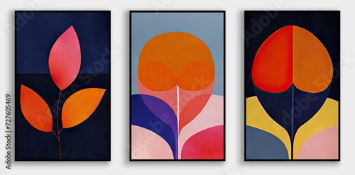Three vertical posters in geometric style, nature-inspired shapes, soft and rounded forms.