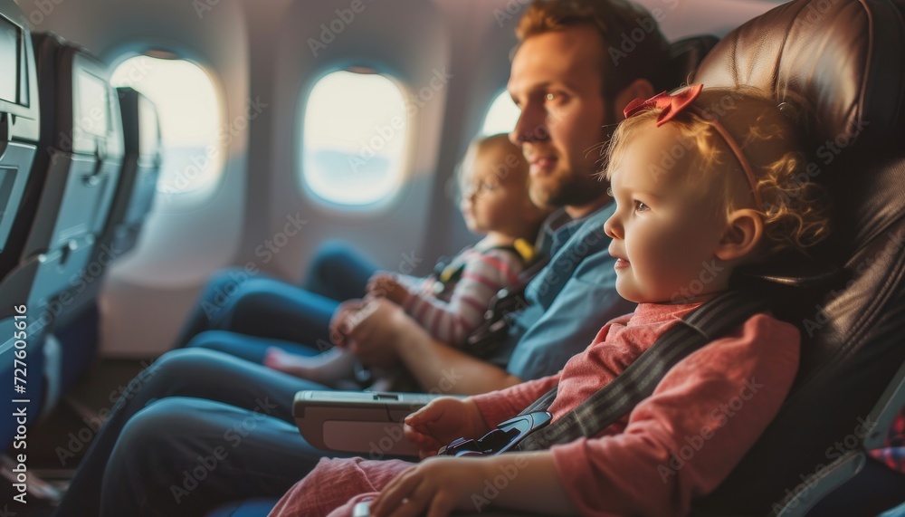 Obraz premium little kid sitting in an airplane seat going on vacation