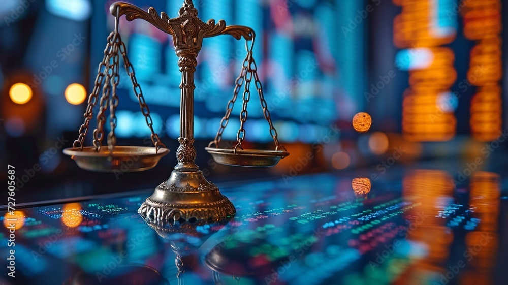 Fototapeta Financial law on the stock market exchange board including a gavel judge and law scale