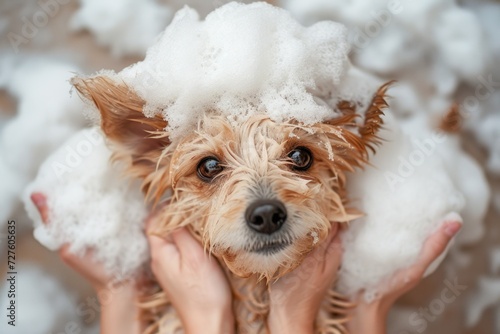Fluffy dog sitting in a bathtub with foam on it