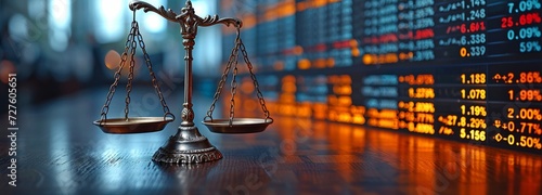 Financial law on the stock market exchange board including a gavel judge and law scale photo