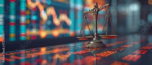 Financial law on the stock market exchange board including a gavel judge and law scale