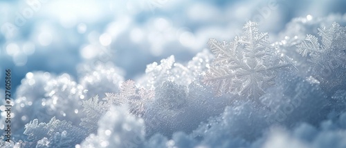 Clear, white snow background with a fresh feel. A winter backdrop featuring snowdrifts and frozen snowflakes