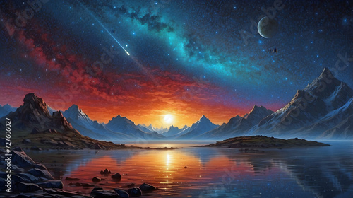 Sunset Over a Peaceful Lake with a Star Filled Night Background