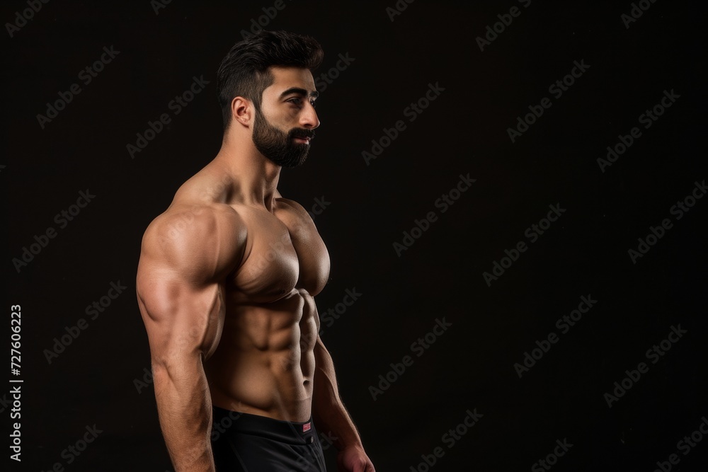 Side view of a muscular man showing his physique